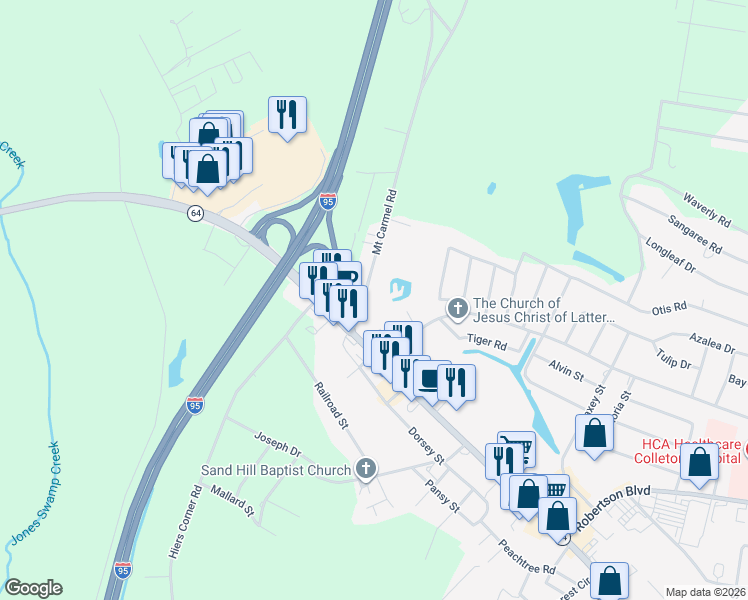 map of restaurants, bars, coffee shops, grocery stores, and more near 125 Mount Carmel Road in Walterboro
