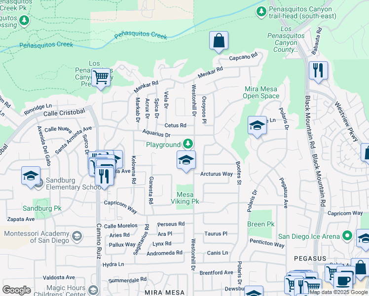 map of restaurants, bars, coffee shops, grocery stores, and more near 8695 Lepus Road in San Diego