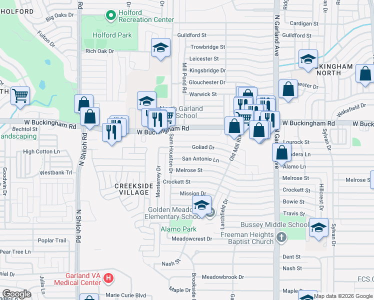 map of restaurants, bars, coffee shops, grocery stores, and more near 1825 Goliad Drive in Garland
