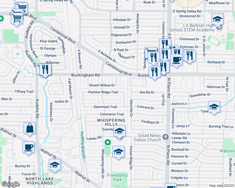 map of restaurants, bars, coffee shops, grocery stores, and more near 10247 Panther Ridge Trail in Dallas