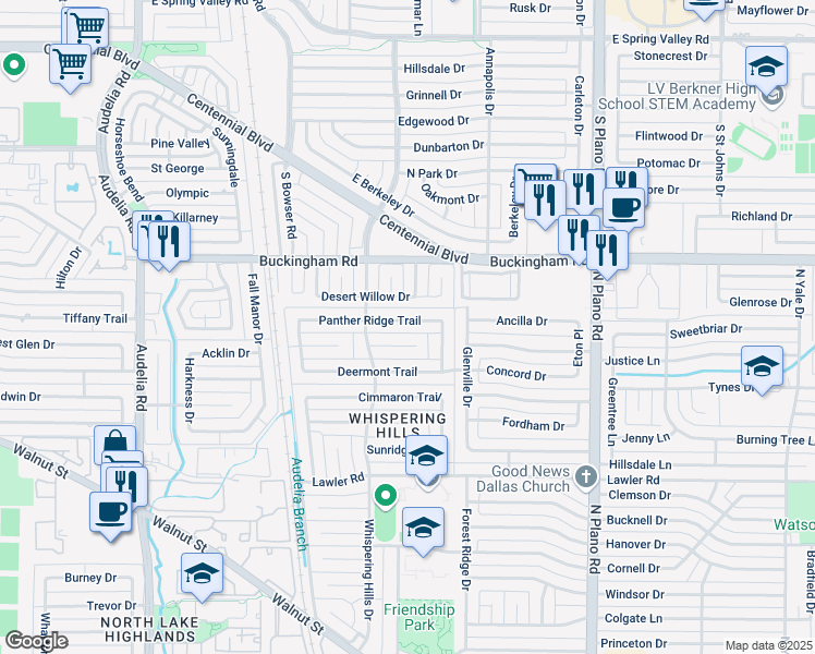 map of restaurants, bars, coffee shops, grocery stores, and more near 10219 Panther Ridge Trail in Dallas