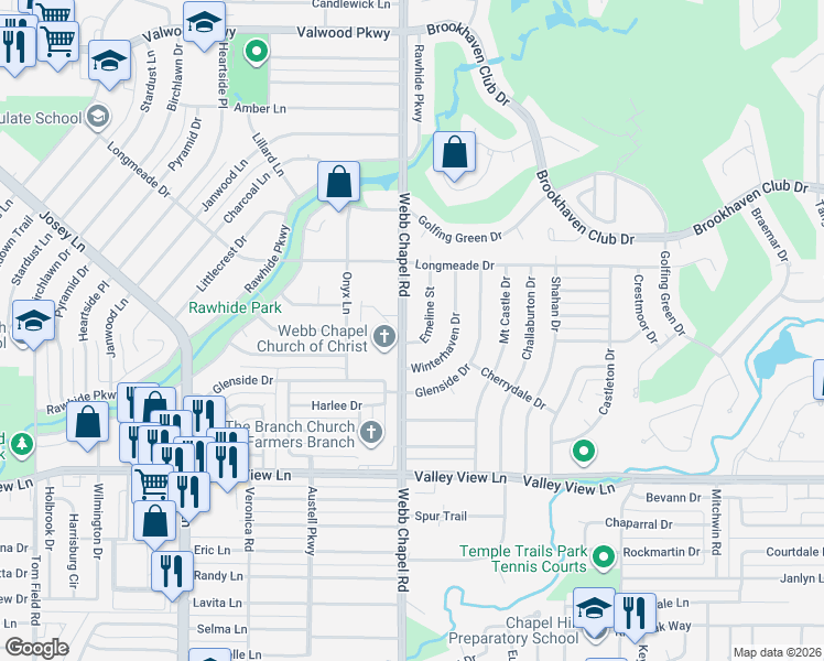 map of restaurants, bars, coffee shops, grocery stores, and more near 13522 Webb Chapel Road in Farmers Branch