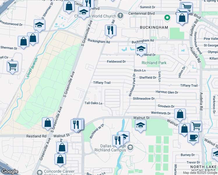 map of restaurants, bars, coffee shops, grocery stores, and more near 430 Tiffany Trail in Richardson