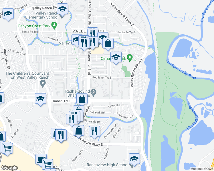 map of restaurants, bars, coffee shops, grocery stores, and more near 430 Red River Trail in Irving