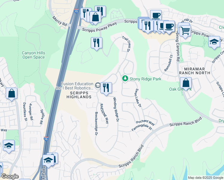 map of restaurants, bars, coffee shops, grocery stores, and more near 11611 Winding Ridge Drive in San Diego