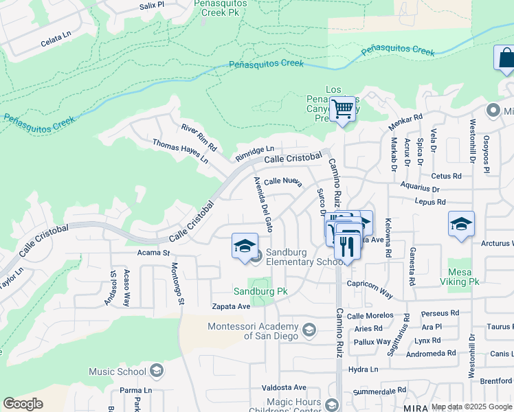 map of restaurants, bars, coffee shops, grocery stores, and more near 11421 Avenida Del Gato in San Diego