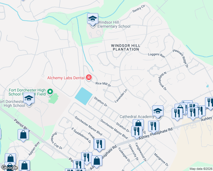 map of restaurants, bars, coffee shops, grocery stores, and more near 4422 Rice Mill Drive in Charleston