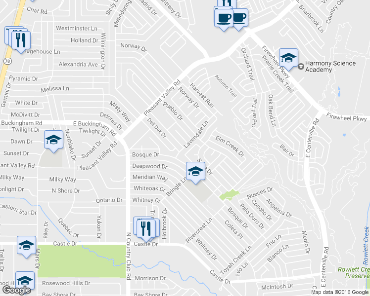 map of restaurants, bars, coffee shops, grocery stores, and more near 1414 Lavendale Lane in Garland