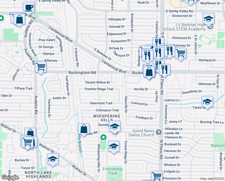 map of restaurants, bars, coffee shops, grocery stores, and more near 10247 Panther Ridge Trail in Dallas