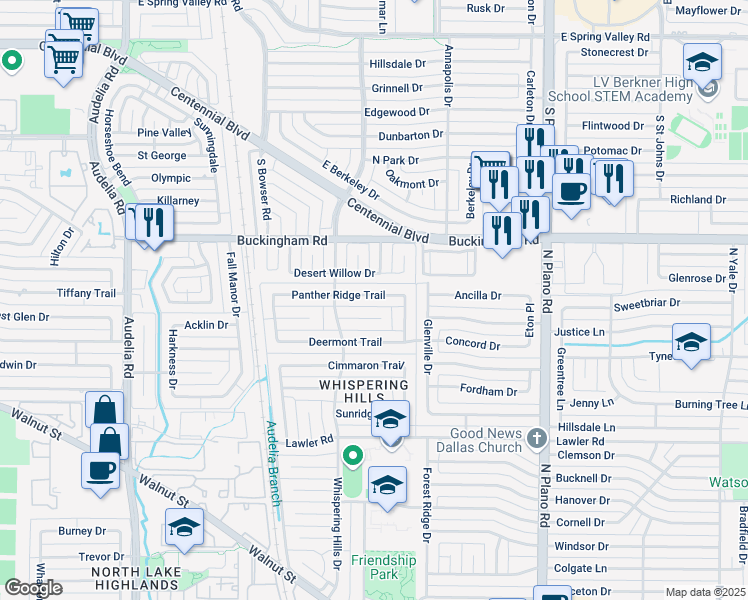map of restaurants, bars, coffee shops, grocery stores, and more near 10219 Panther Ridge Trail in Dallas