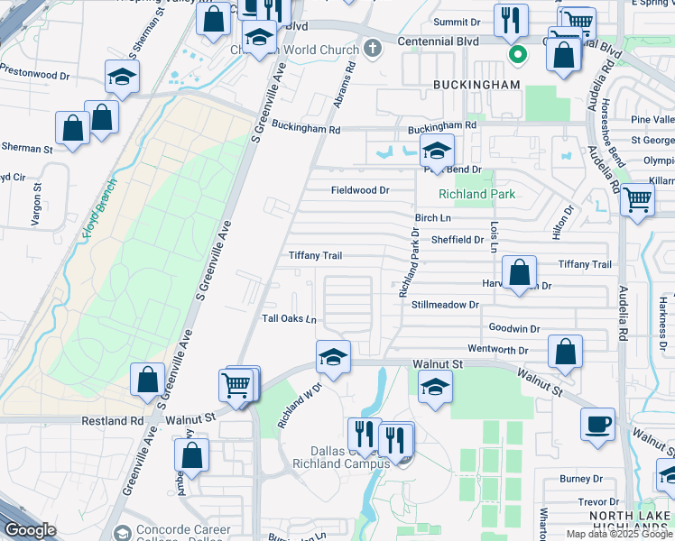 map of restaurants, bars, coffee shops, grocery stores, and more near 430 Tiffany Trail in Richardson