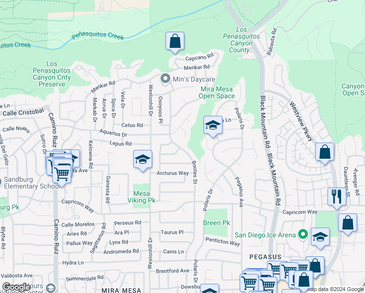 map of restaurants, bars, coffee shops, grocery stores, and more near 11367 Bootes Street in San Diego