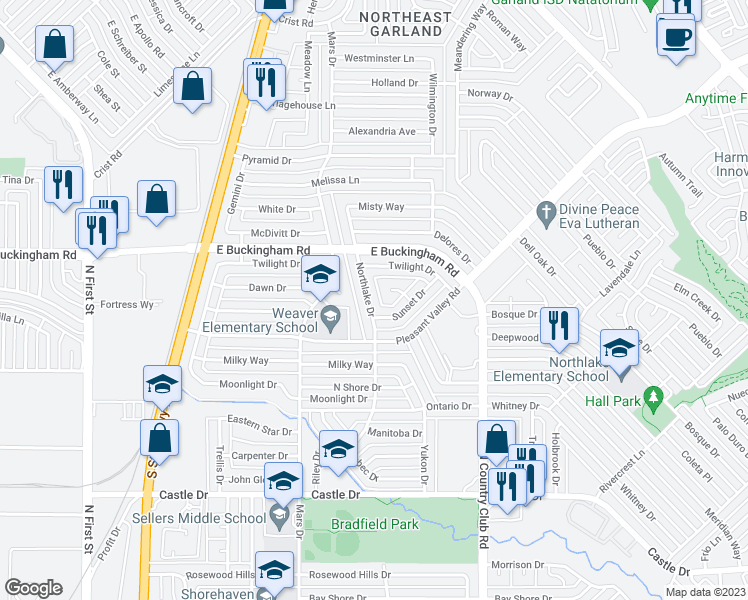 map of restaurants, bars, coffee shops, grocery stores, and more near 1914 Northlake Drive in Garland