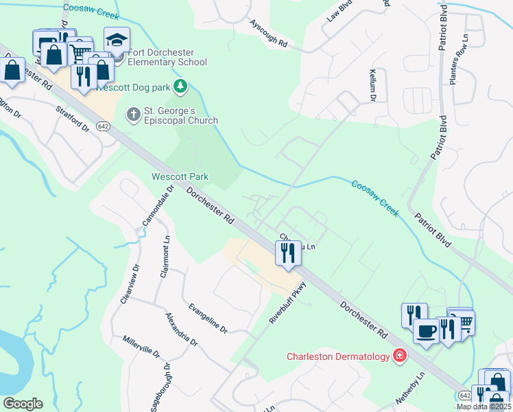 map of restaurants, bars, coffee shops, grocery stores, and more near 8850 Dorchester Road in North Charleston