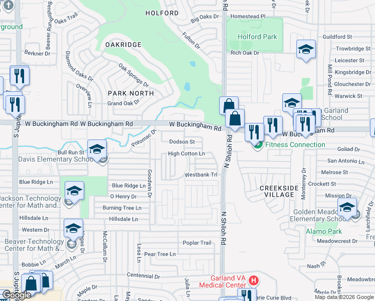 map of restaurants, bars, coffee shops, grocery stores, and more near 2706 Dodson Street in Garland