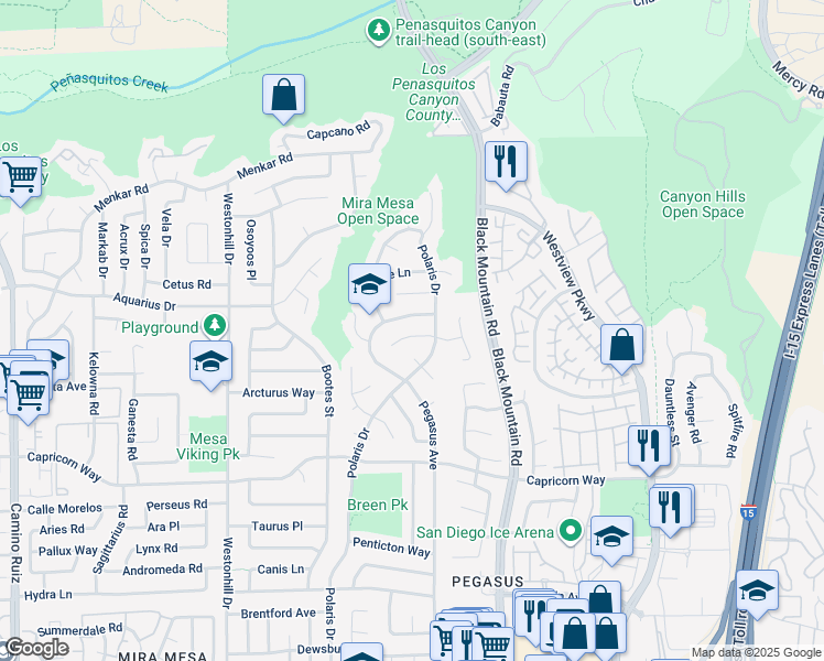 map of restaurants, bars, coffee shops, grocery stores, and more near 9068 Kirby Court in San Diego