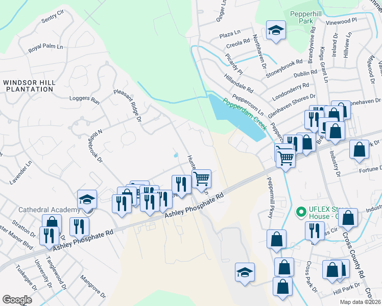 map of restaurants, bars, coffee shops, grocery stores, and more near 7642 Hunters Ridge Lane in North Charleston