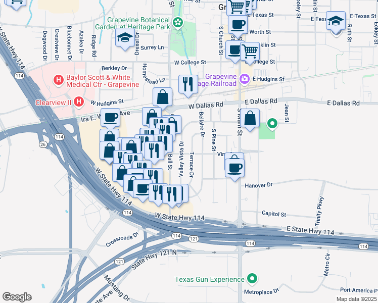 map of restaurants, bars, coffee shops, grocery stores, and more near 1131 Valley Vista Drive in Grapevine