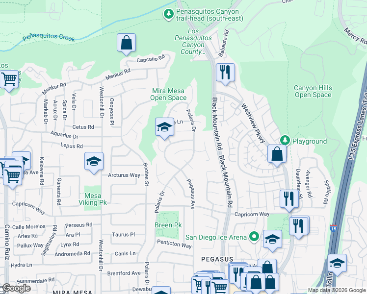map of restaurants, bars, coffee shops, grocery stores, and more near 9068 Kirby Court in San Diego