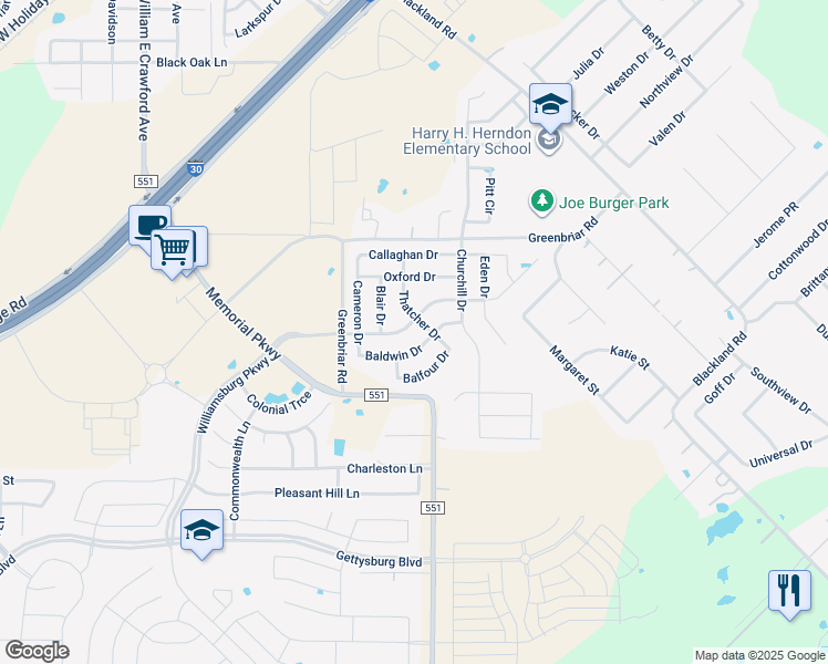 map of restaurants, bars, coffee shops, grocery stores, and more near 188 Chamberlain Drive in Royse City