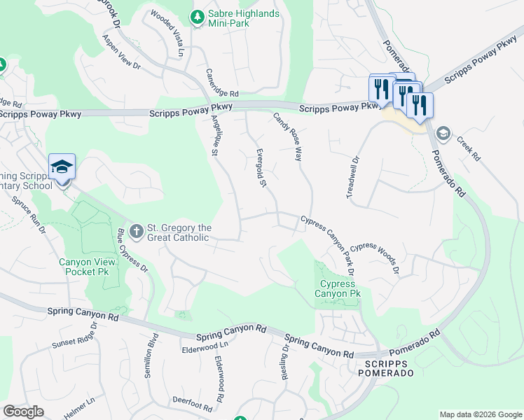 map of restaurants, bars, coffee shops, grocery stores, and more near 12051 Little Silver Court in San Diego