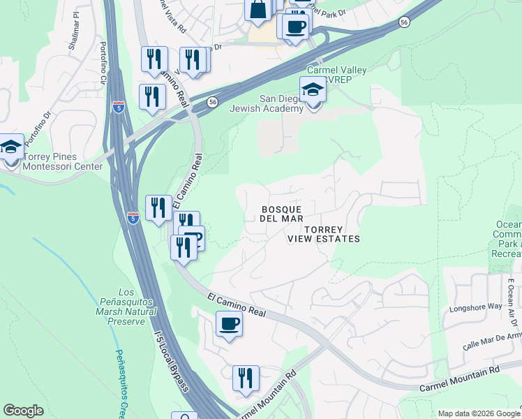 map of restaurants, bars, coffee shops, grocery stores, and more near 11670 Tierra Del Sur in San Diego