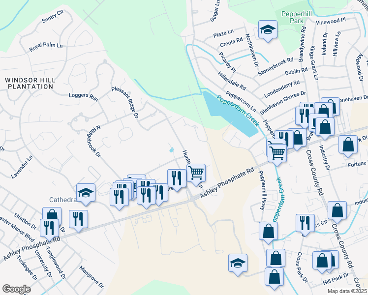 map of restaurants, bars, coffee shops, grocery stores, and more near 7642 Hunters Ridge Lane in North Charleston
