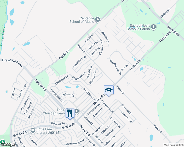 map of restaurants, bars, coffee shops, grocery stores, and more near 3205 Blair Oak Drive in Rowlett