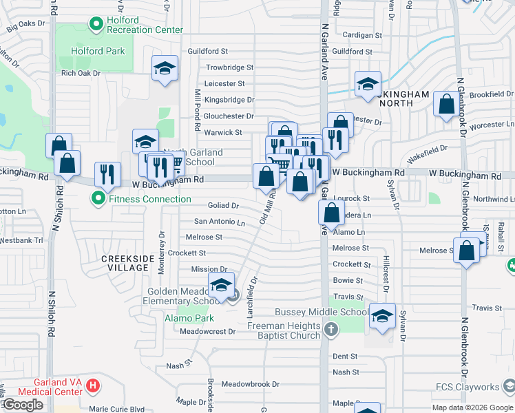 map of restaurants, bars, coffee shops, grocery stores, and more near 1713 Goliad Drive in Garland