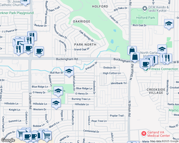 map of restaurants, bars, coffee shops, grocery stores, and more near 2910 Potomac Drive in Garland