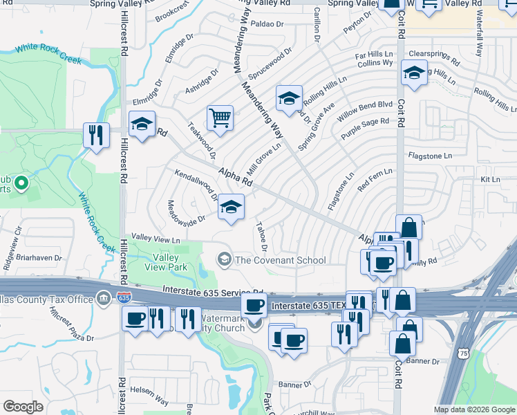 map of restaurants, bars, coffee shops, grocery stores, and more near 13310 Spring Grove Avenue in Dallas