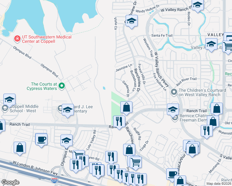 map of restaurants, bars, coffee shops, grocery stores, and more near 9041 Jasmine Lane in Irving