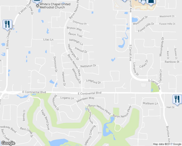 map of restaurants, bars, coffee shops, grocery stores, and more near 920 Midland Creek Drive in Southlake