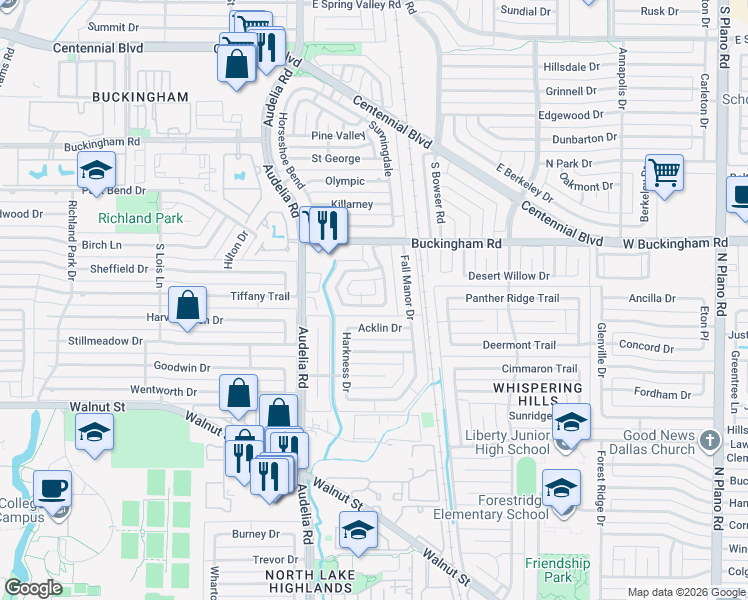 map of restaurants, bars, coffee shops, grocery stores, and more near 9815 Chander Court in Dallas