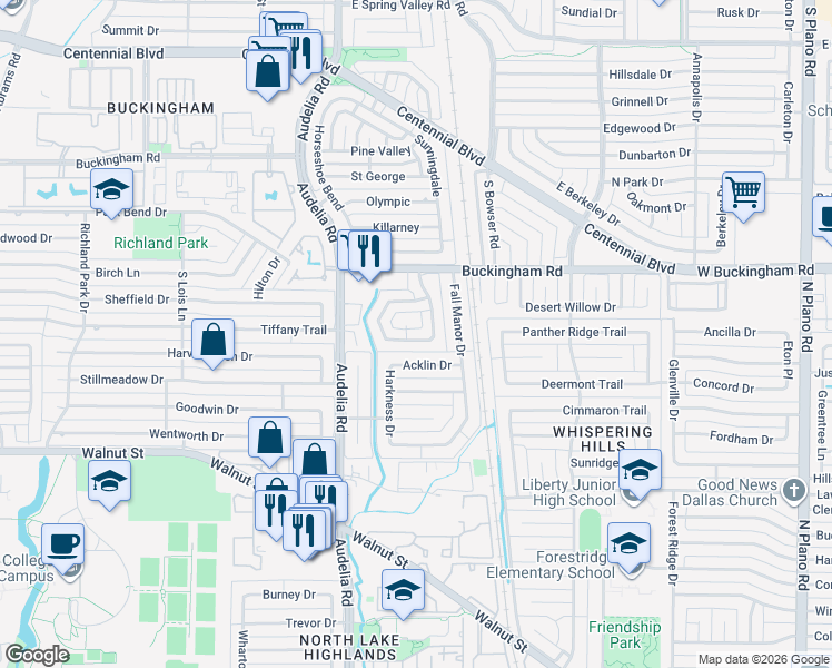 map of restaurants, bars, coffee shops, grocery stores, and more near 9815 Chander Court in Dallas
