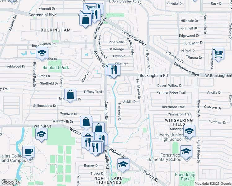 map of restaurants, bars, coffee shops, grocery stores, and more near 13031 Chandler Drive in Dallas