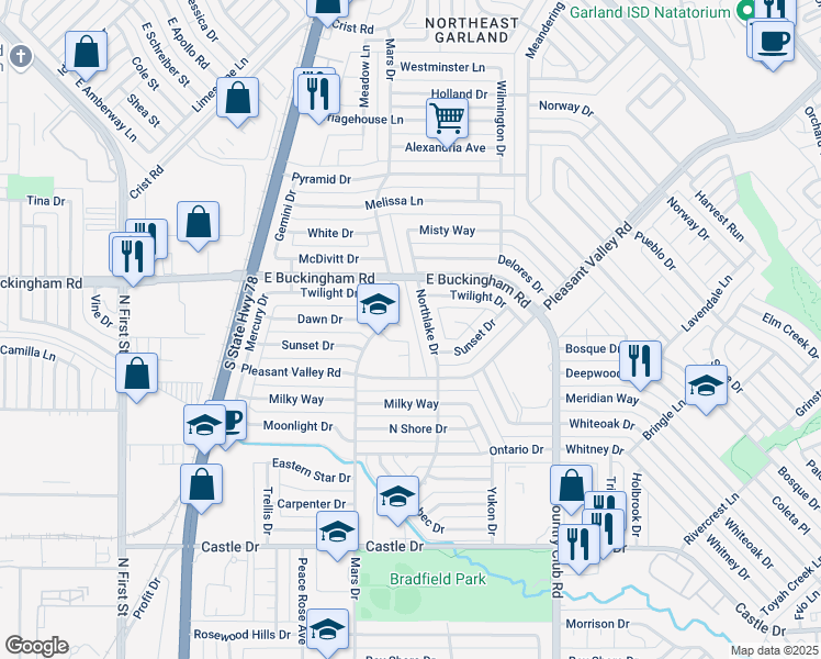 map of restaurants, bars, coffee shops, grocery stores, and more near 1912 Mars Circle in Garland