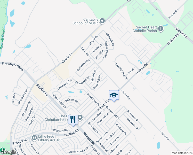 map of restaurants, bars, coffee shops, grocery stores, and more near 3205 Blair Oak Drive in Rowlett