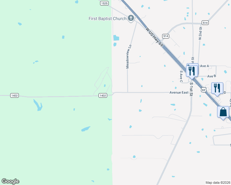 map of restaurants, bars, coffee shops, grocery stores, and more near Rains County Road 1402 in Point