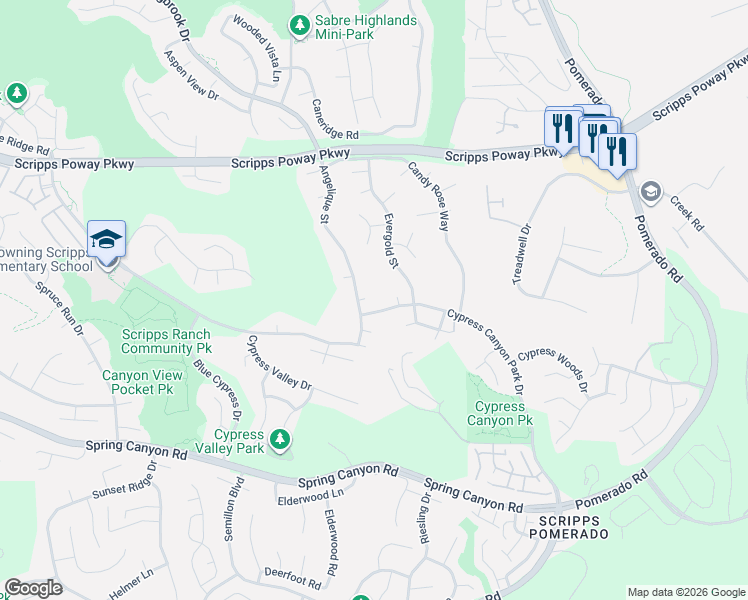 map of restaurants, bars, coffee shops, grocery stores, and more near 12051 Little Silver Court in San Diego
