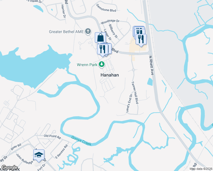 map of restaurants, bars, coffee shops, grocery stores, and more near 1620 Foster Creek Road in Hanahan