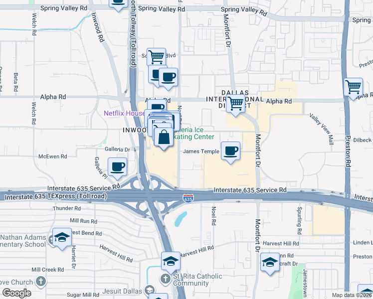 map of restaurants, bars, coffee shops, grocery stores, and more near 4 James Temple Drive in Dallas