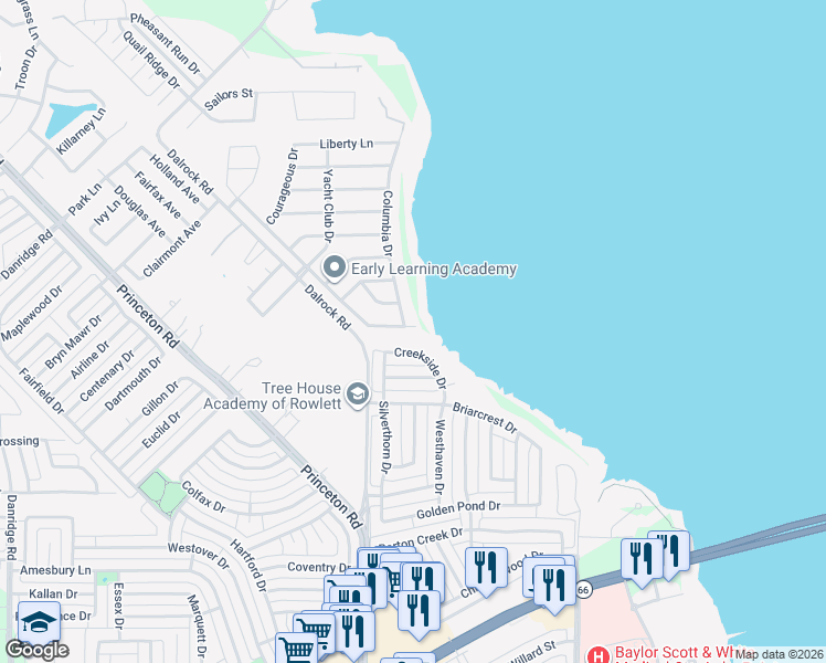 map of restaurants, bars, coffee shops, grocery stores, and more near 1605 Spinnaker Cove in Rowlett