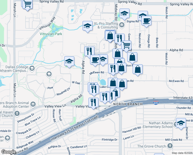 map of restaurants, bars, coffee shops, grocery stores, and more near 4050 McEwen Road in Farmers Branch