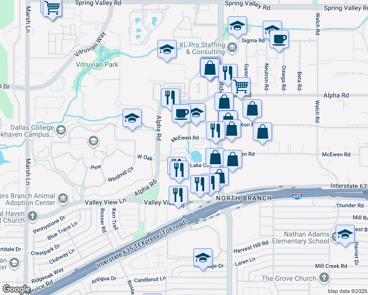 map of restaurants, bars, coffee shops, grocery stores, and more near 4050 McEwen Road in Farmers Branch