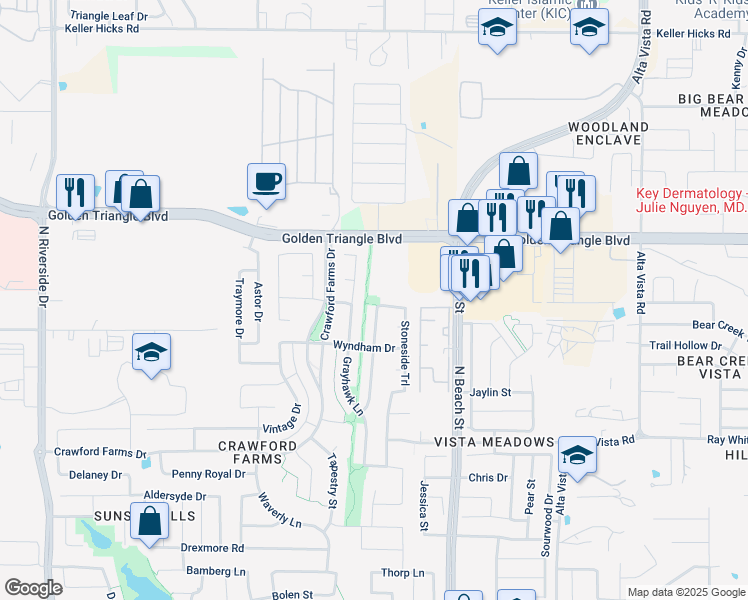 map of restaurants, bars, coffee shops, grocery stores, and more near 10637 Melrose Lane in Fort Worth