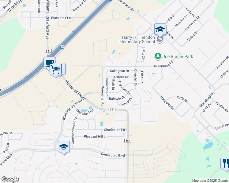 map of restaurants, bars, coffee shops, grocery stores, and more near 171 Chamberlain Drive in Royse City
