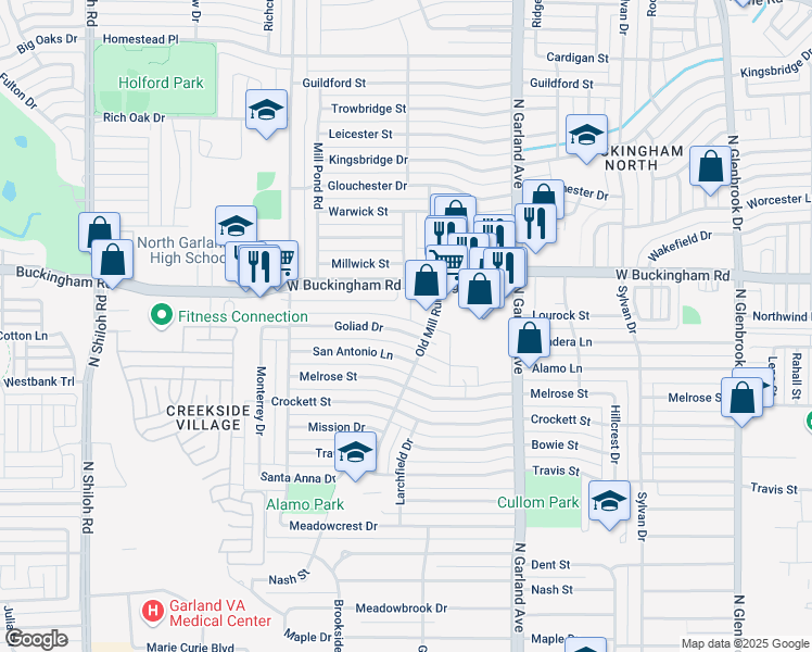 map of restaurants, bars, coffee shops, grocery stores, and more near 1713 Goliad Dr in Garland