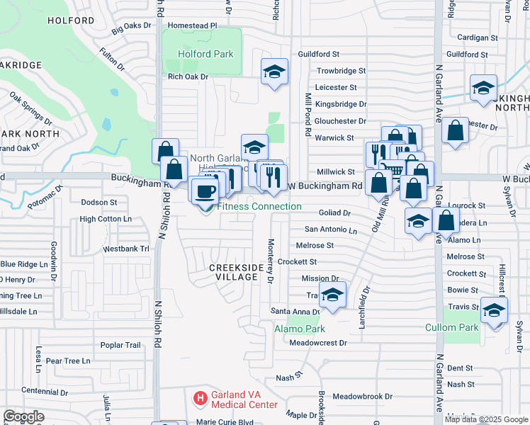 map of restaurants, bars, coffee shops, grocery stores, and more near 2021 Goliad Drive in Garland