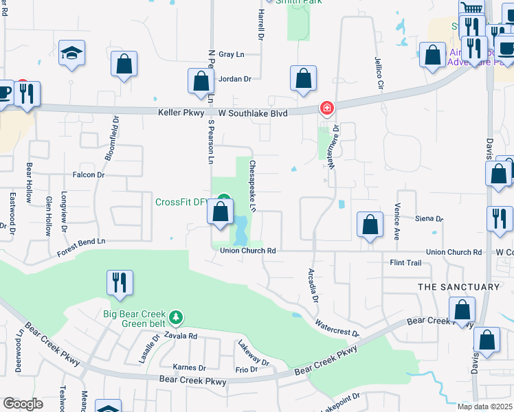 map of restaurants, bars, coffee shops, grocery stores, and more near 405 Chesapeake Lane in Southlake